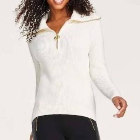 NWT Michael Kors Half Zip Sweater Ribbed Pullover Gold Hardware Cream S - Picture 2 of 6